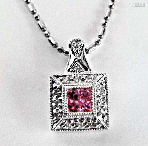 Diamond Pink Sapphire Square Pendant:.36Ct 18k W/g
