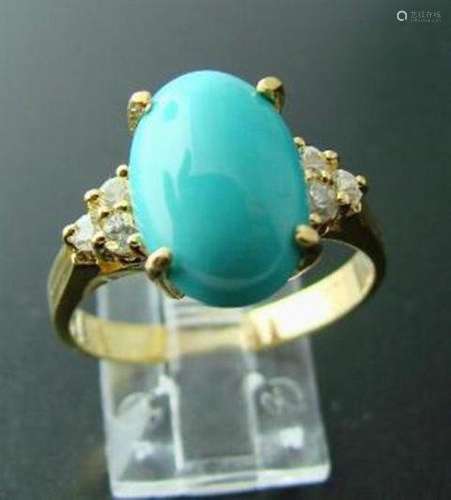 Turquoise Ring 3.39Ct & W/ Sapphire .24Ct 14k Y/G