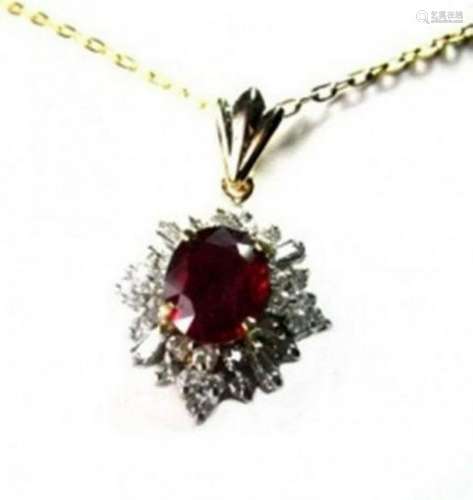 Ruby Pendant: 3.18Ct , Diamond: 1.12 Ct 14K Y/G