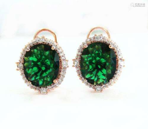 Creation Green Tourm Dia-Earring13.68Ct 18k R/g Overlay