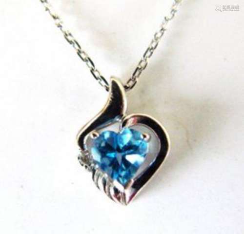 Swiss Blue Topaz Diamond Heart Pendant .37Ct 14k W/g