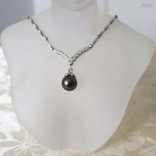 12.3mm Tahitian Pearl Diamond Necklace 1.05Ct 14k W/g