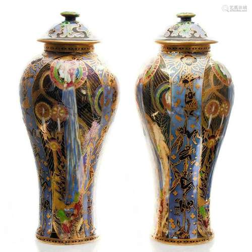 2 WEDGWOOD FAIRYLAND LUSTRE LIDDED VASES, PATTERN Z5154