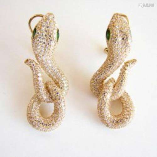 Creation Diamond Snake Earrings 6.57Ct 18k Y/g Overlay