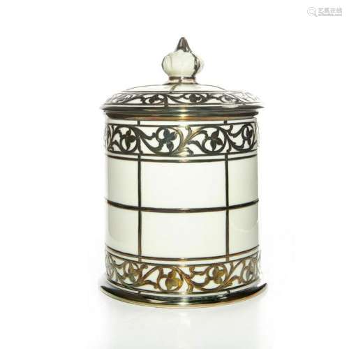LENOX JAR WITH LID, FLORAL GERMAN SILVER ACCENTS