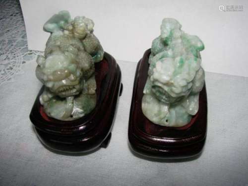 2 Antique Handmade Caved Jade Chinese Fool Dog