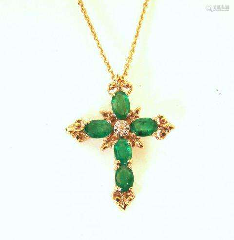 Emerald Diamond Cross Pendaent 4.47Ct14k Y/g