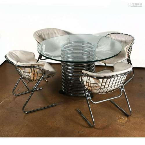 MODERN POLISHED STEEL AND GLASS DINING TABLE WITH 4