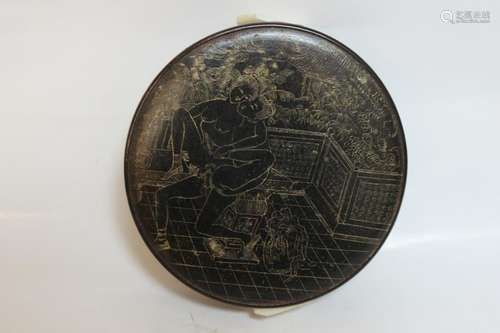 Japanese Erotic Subject Wood Round Box ,