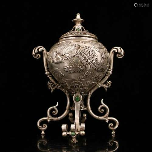 Chinese Silver Bronze Censer Inlaid Gem