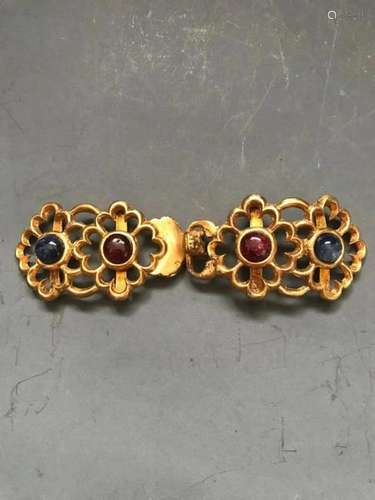 Ming Chinese Gilt Bronze Belt Buckle w Gems