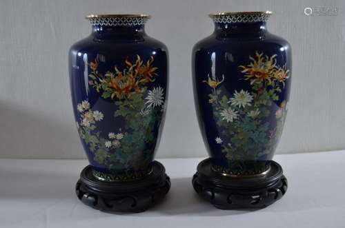 Pair of Japanese Silver Cloisonne Vases, Mark.