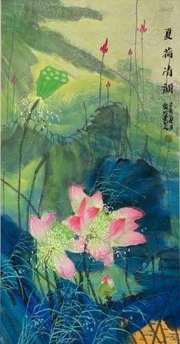 Chinese Ink Color Flowers Scroll Painting,Mark