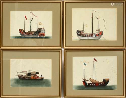 CHINESE PITH WATERCOLOR PAINTINGS OF BOATS