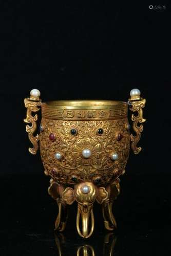 Chinese Gilt Bronze Tripod Censer Inlaid Mother Pe