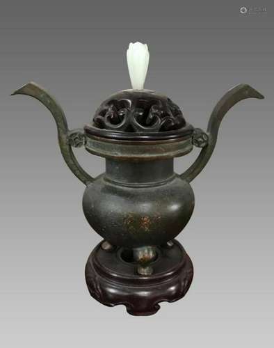 Chinese Tripod Bronze Censer w Wood Cover and Base