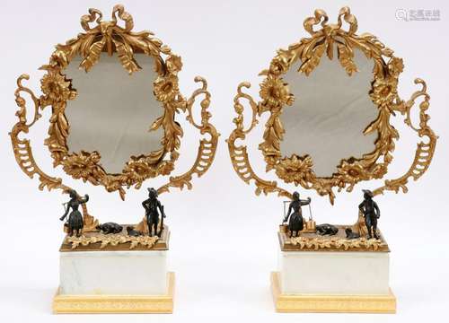 BRONZE AND MARBLE EMPIRE MIRRORS, PAIR