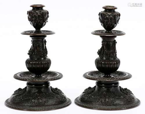 RENAISSANCE STYLE BRONZE CANDLESTICKS, PAIR