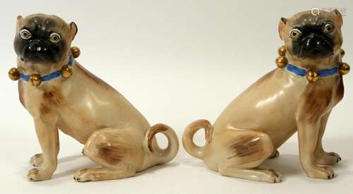 DRESDEN PORCELAIN PUG FIGURINES, PAIR, H 5