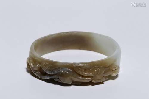 Chinese Hetian Jade Bangle w Lilong