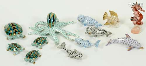 HEREND PORCELAIN SEA CREATURE GROUPING, 12 PCS