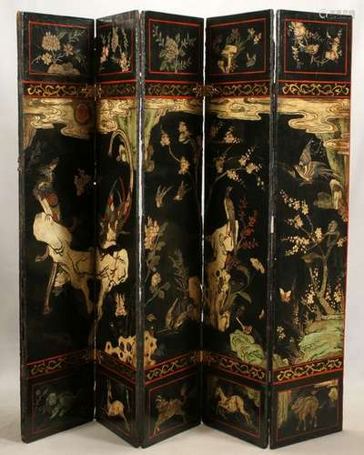 CHINESE LACQUERED 5 PANEL FOLDING FLOOR SCREEN