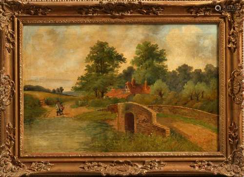 ENGLISH OIL ON CANVAS 'COTTAGE WITH BRIDGE'