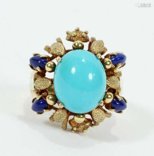 LADY'S TURQUOISE & LAPIS 14KT YELLOW GOLD RING