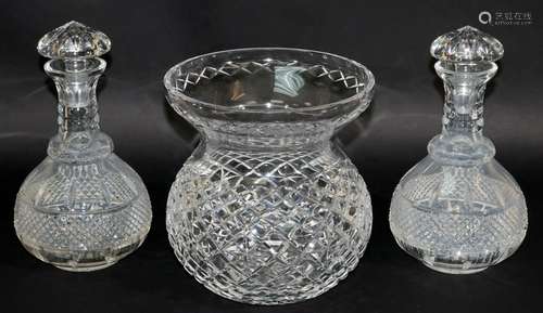 GLASS CUT DECANTERS & BOWL, 3 PCS