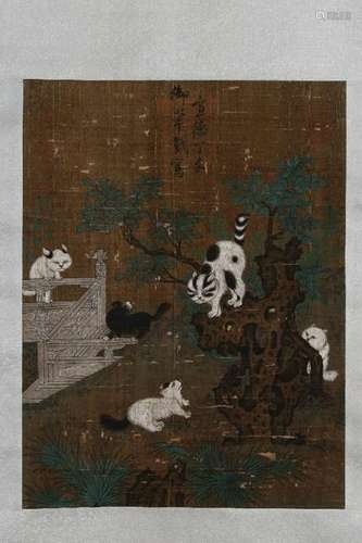 Chinese Ink&Color Scroll Painting,Cats, Signed