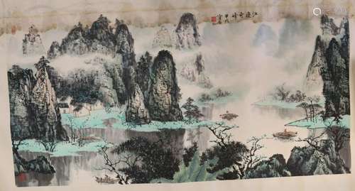 Chinese Ink Color Landscape Painting w Calligraphy