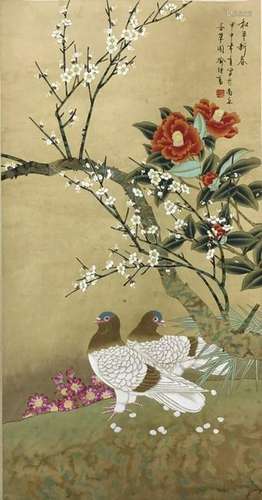 Chinese Ink Color Birds Scroll Painting,Mark