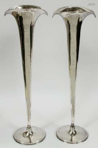 PAIR SILVER PLATE TRUMPET VASES 2