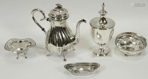 BRITISH SILVER DISHES, URN & TEAPOT, 5 PCS