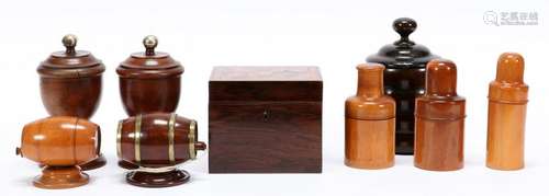 WOOD TABLE ARTICLES & CANISTERS, 9 PCS