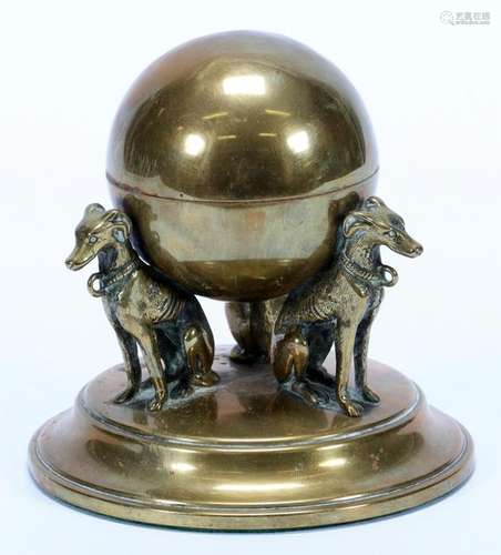 BRASS SPHERICAL INK WELL, 19TH C., H 4 1/2