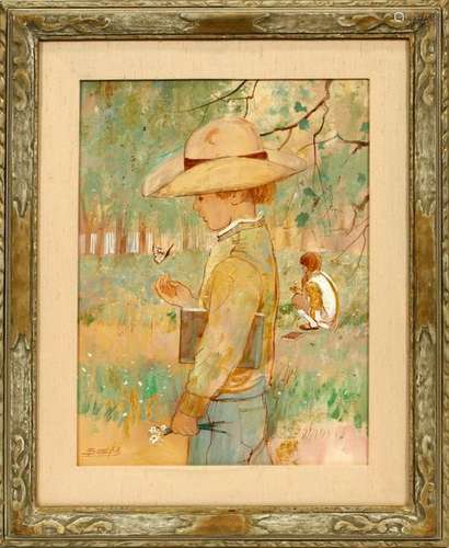 WILLIAM BENECKE OIL ON CANVAS BOY WITH BUTTERFLY