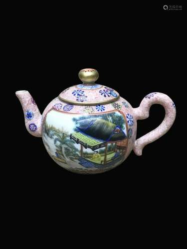 Chinese Famille Rose Porcelain Teapot w Calligraph