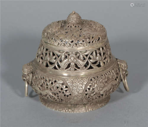 Silver double-ear hollowed-out incense burner in Qing Dynasty