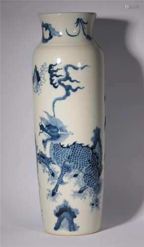 Qing Dynasty Shunzhi blue and white unicorn bottle