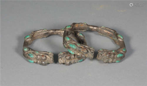 East Han silver inlaid pine stone bracelet pair