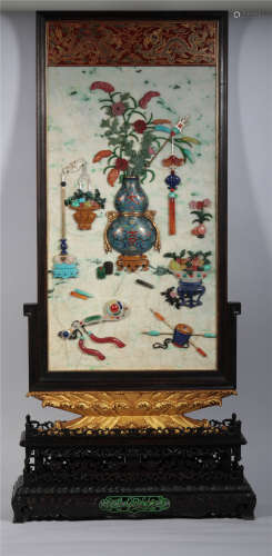 Qing Dynasty old sandalwood jadeite hundred treasures embedded screen
