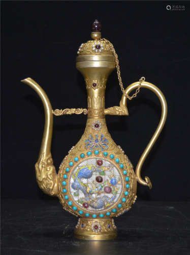 Copper-clad gold inlaid gem wine pot in Qing Dynasty