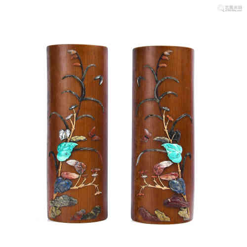 A Pair of Chinese Bamboo Arm Rests Inlaid with Gems