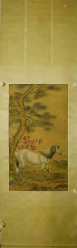 A Chinese Silk Scroll of a White Horse, Lang Shining Mark