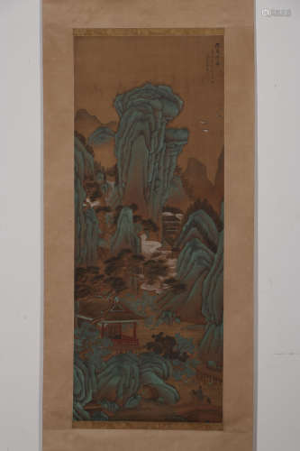 A Chinese Silk Scroll of Landscape, Chouying Mark