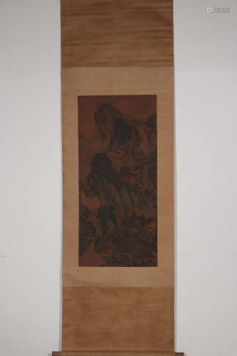 A Chinese Silk Scroll of Landscape, Wangmeng Mark