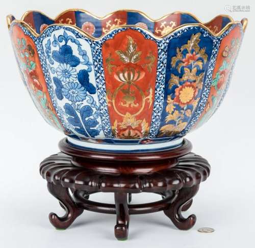 Large Japanese Imari Porcelain Punch Bowl, Scalloped