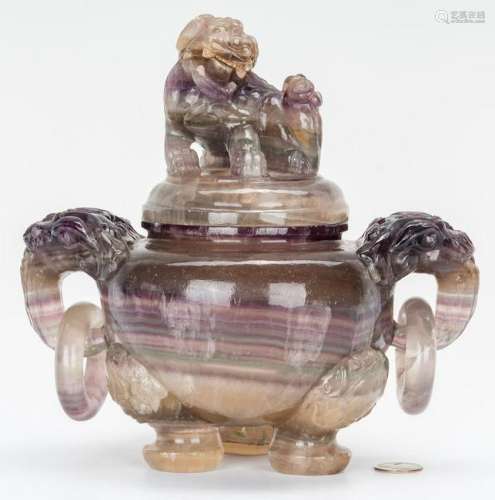 Carved Chinese Agate Censer w/ Foo Dog Finial