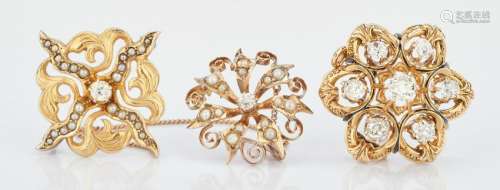 3 Victorian Gold & Diamond Ladies Pins